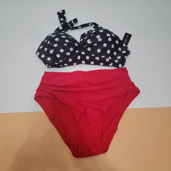 Tempt Me Women Two Pieces Vintage Swimsuit Retro Halter Ruched High Waist Bikini - Picture 4 of 14